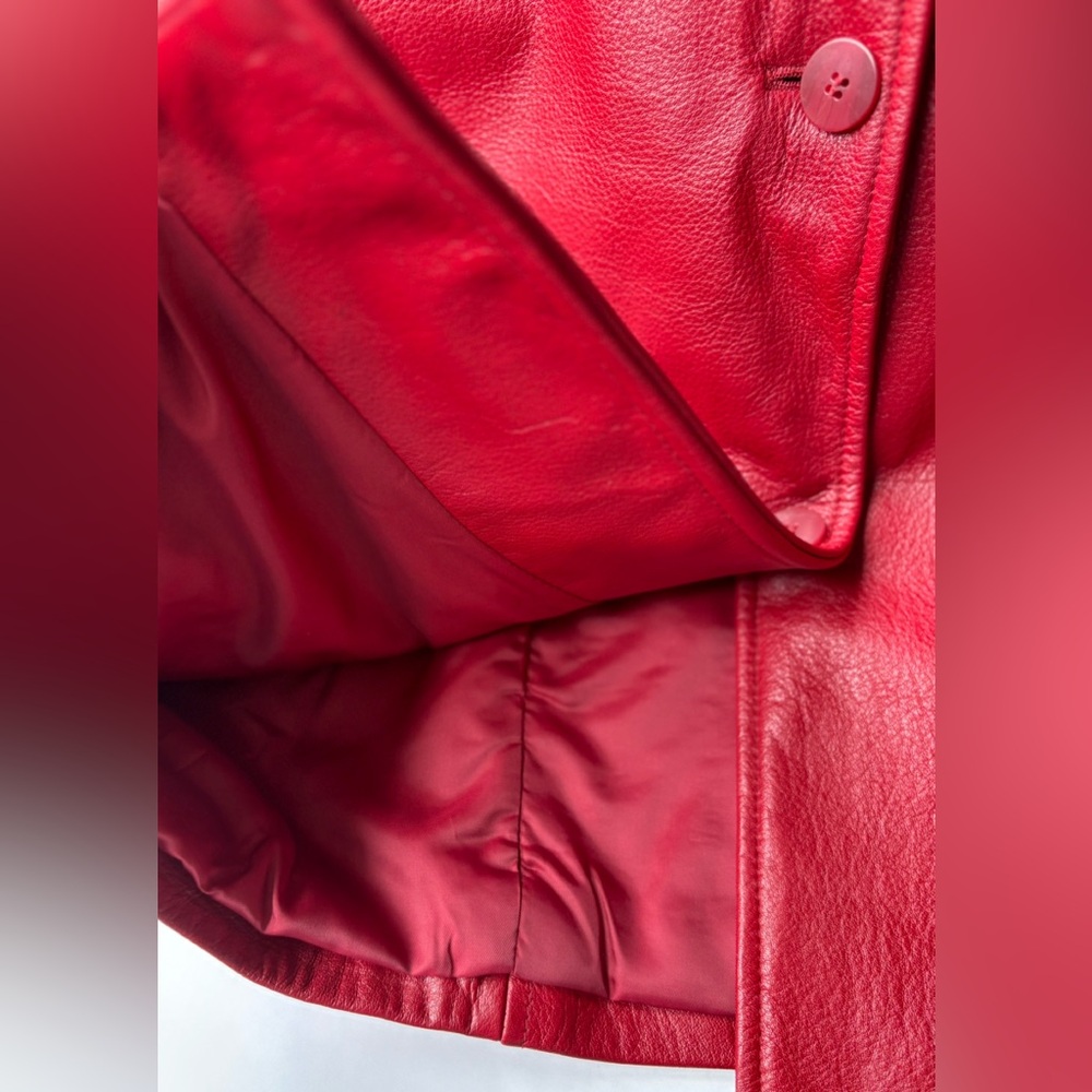 90s Vintage Cherry Red Leather Oversized Flattering Boxy Fit Button Front Jacket - Picture 14 of 16